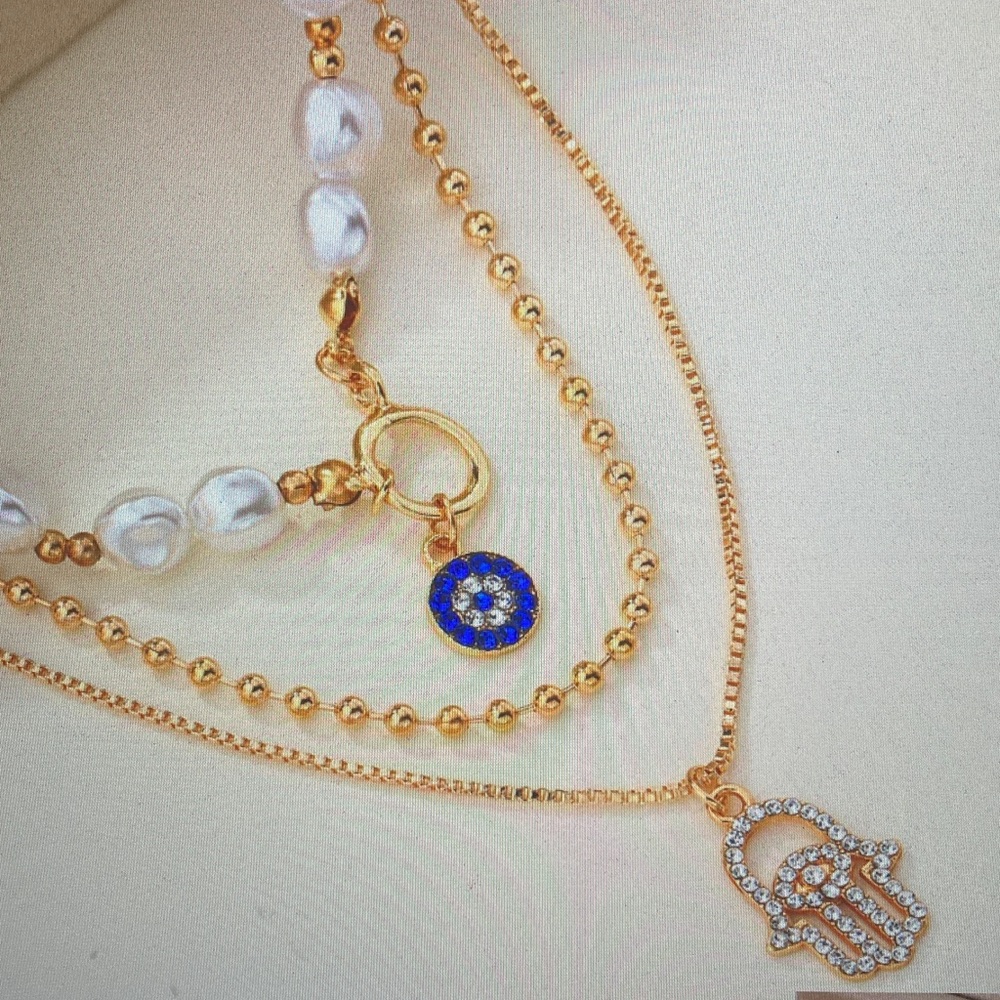 Gold Layered Pearl Necklace Set with Blue Pendant and Hamsa Charm - Picture 3 of 4